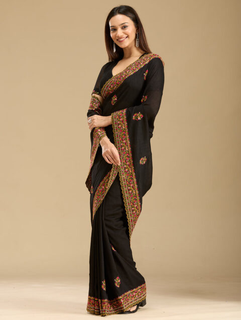 Black Kashmiri Soft Raw Silk Saree