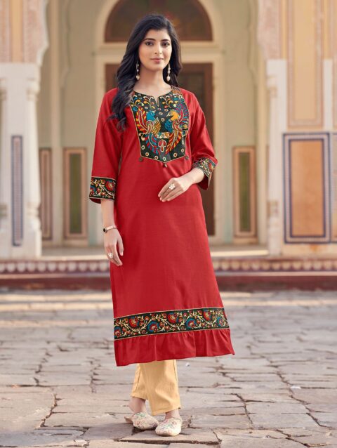 Laxmipati Swiss Slue Ruby Red Straight Kurta
