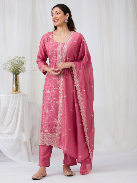 Onion Pink Threadwork Raw Silk Readymade Salwar Suit