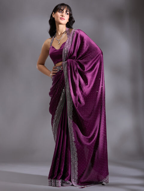 Purple Silver Stonework Satin Saree