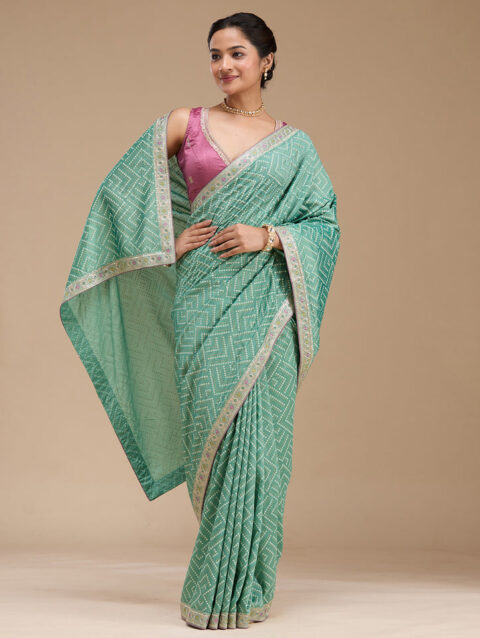 Sea Green Printed Soft Raw Silk Saree