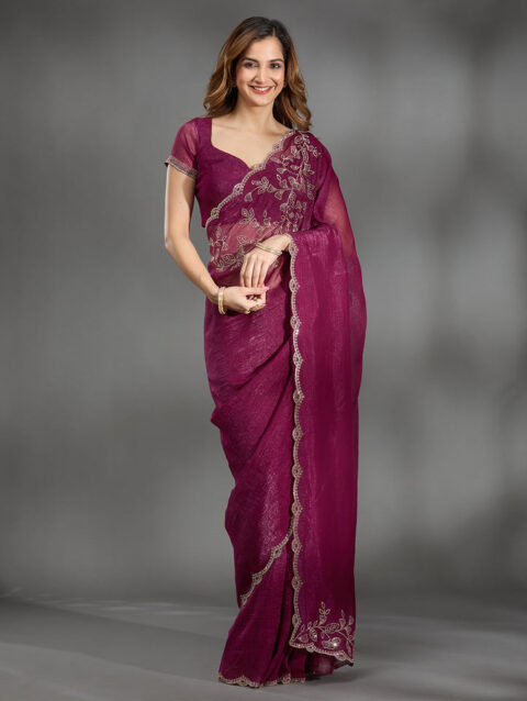Wine Stonework (Gold) Georgette Saree