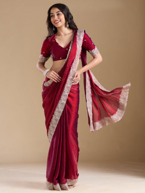 Wine Zariwork (Silver) Chiffon Saree